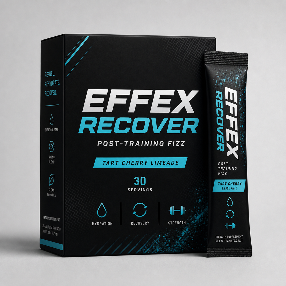 EFFEX RECOVER Tart Cherry Limeade post-training fizz concept box and stick pack