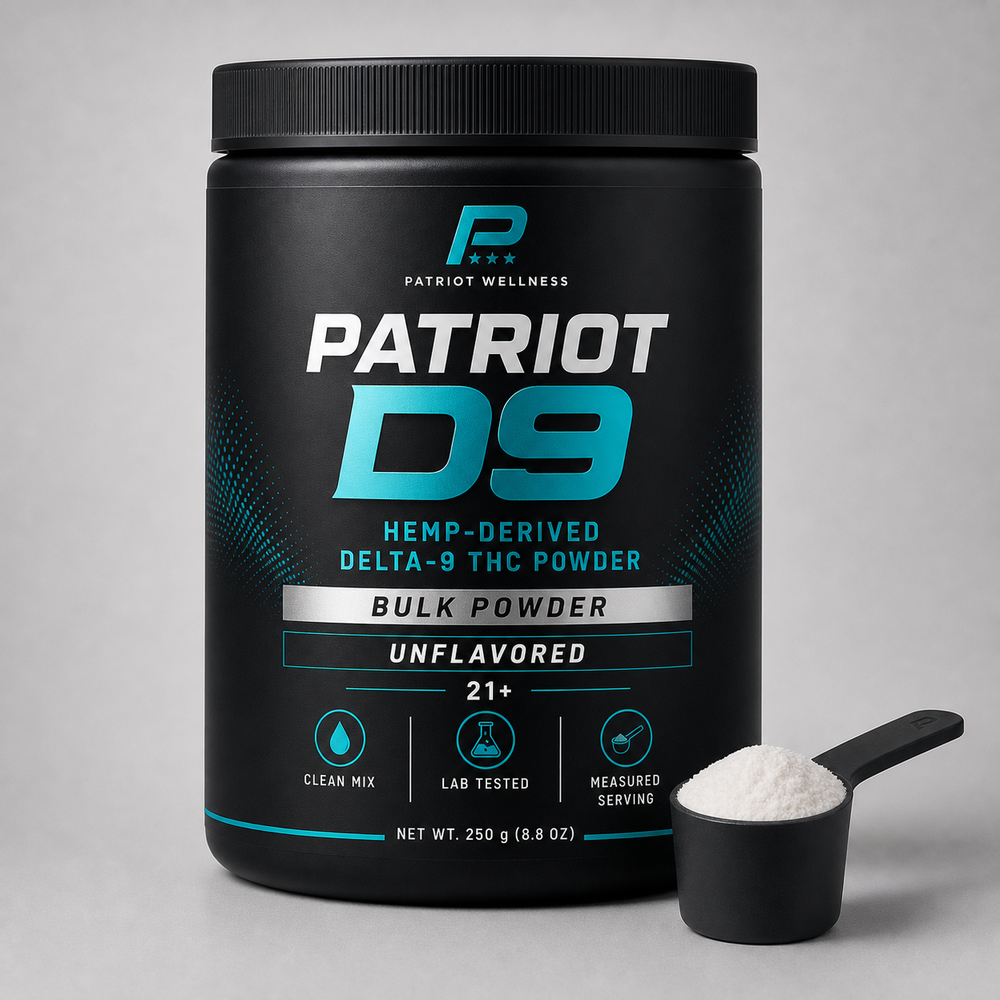 Patriot D9 Hemp-Derived Delta-9 THC Powder unflavored adult 21 plus bulk powder jar